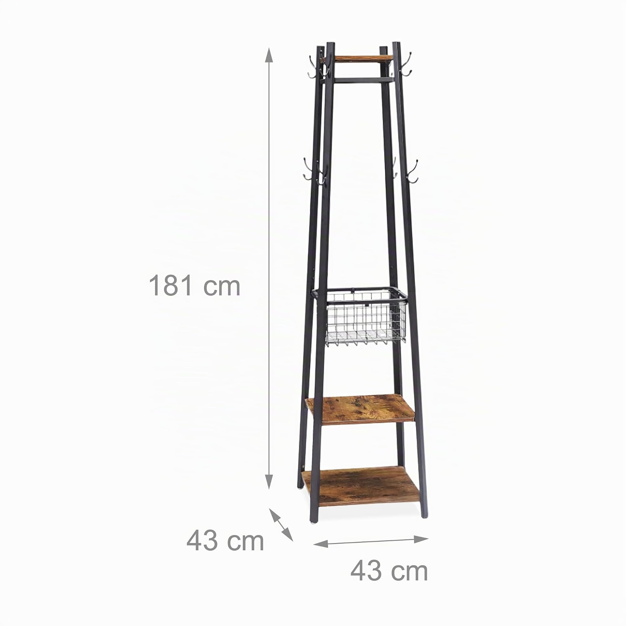 Relaxdays Appendiabiti, 3 Ripiani e 8 Ganci, HLP 181x43x43 cm, con Cesto, Ingresso, Metallo, Nero