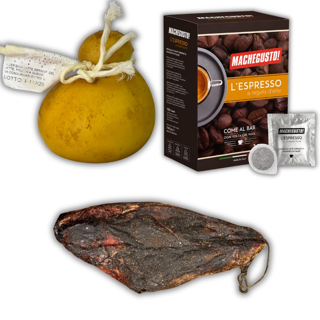 Machegusto! – Coffret Gourmand Italien : Guanciale 600g, Caciocavallo Fumé 700g & Café Machegusto (100 dosettes E.S.E. 44 mm) – Planche Offerte