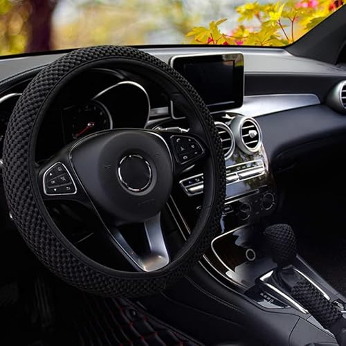 Aevea Elastic Stretch Steering Wheel Cover Universal In Any Weather Comfortable Grip Strength Microfiber Breathable Ice Silk Anti-Slip Odorless Easy Carry Black 15" (3In1 Suit) #TOP5