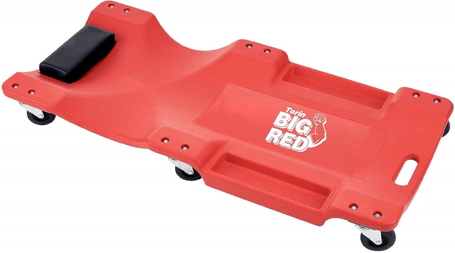BIG RED TRP62401 Plastic Rolling Garage/Shop Creeper: 40" Mechanic Cart with Padded Headrest, Dual Tool Trays and 6 Casters, Red