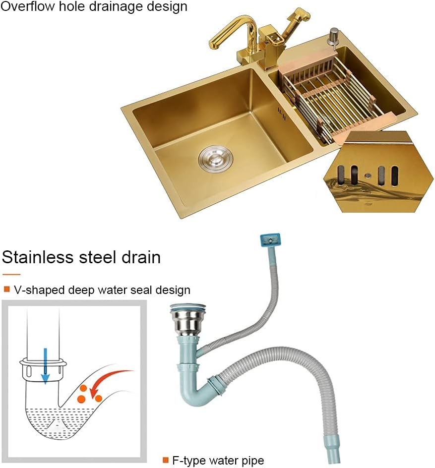 Brushed Gold Double Bowls Large Gold Square 304 Stainless Steel Sink with Drain Pipe Drop-in (Gold 80×45×22cm) (Gold 80×45×22cm)