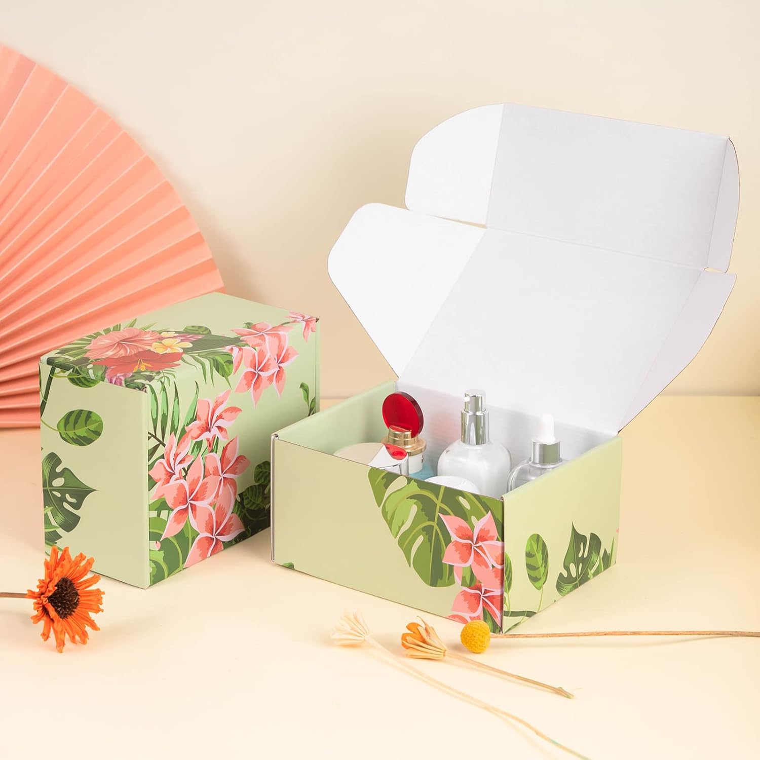 Hawaiian Flower Shipping Boxes Pack of 25 - 8x6x4in Hawaiian Floral Gift Boxes Small Cardboard Corrugated Mailer Shipping Boxes for Small Business Packaging Shipping Mailing
