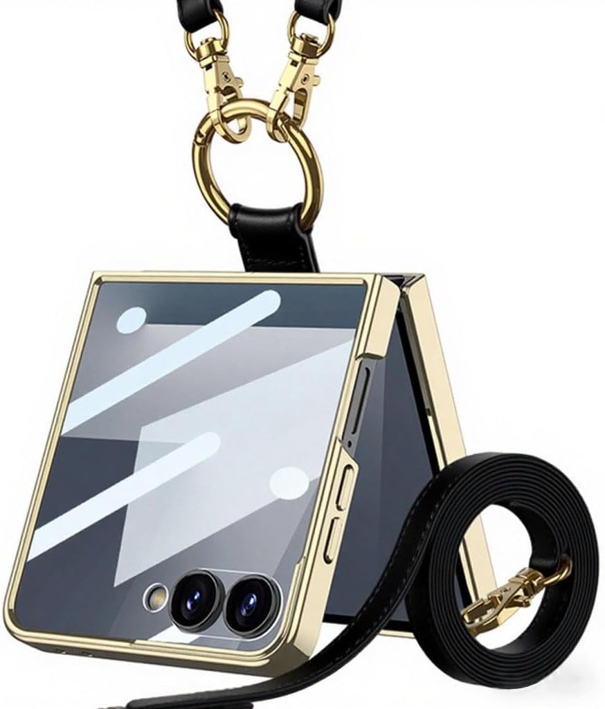 Lunivop Compatible with Samsung Galaxy Z Flip 7 Case with Crossbody Strap Lanyard Ring Kickstand PU Leather Cover Built in Small Screen Protector Full Coverage Phone Case(for Z Flip 7 2025 Black)