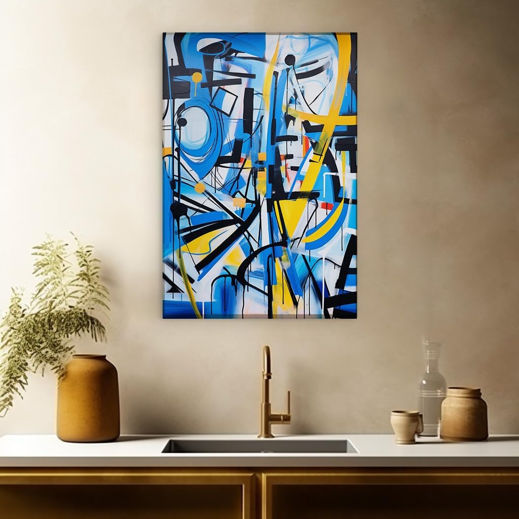 Canvas for Living room. Exploring the Vivid Chaos: A Dance of Blue, Black, and Yellow in Abstract Artistry, 27 x 18 inch Canvas Wall Art - Modernist Expressions - Modern Home Decor