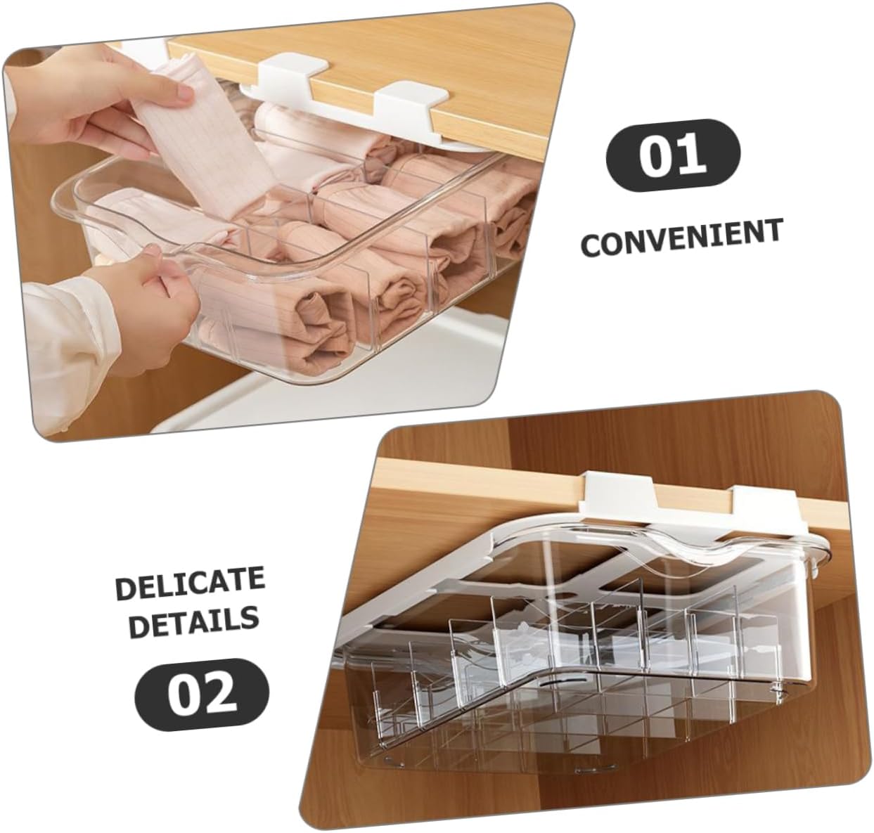 Compartment Transparent Under Shelf Adhesive Storage Box for Socks and Underwear Removable Divider Drawer Organizer for Closet Dustproof Home Storage Container