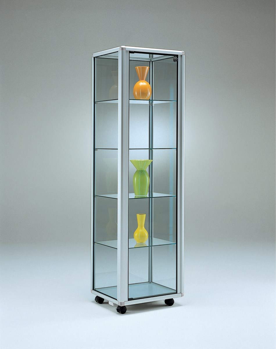 Glasvitrine mit Rollen T 45,5 x B 55,5 x H 184,5 cm - schmale Glas Standvitrine abschließbar - Ausstellungs-Vitrine - LED-Beleuchtung