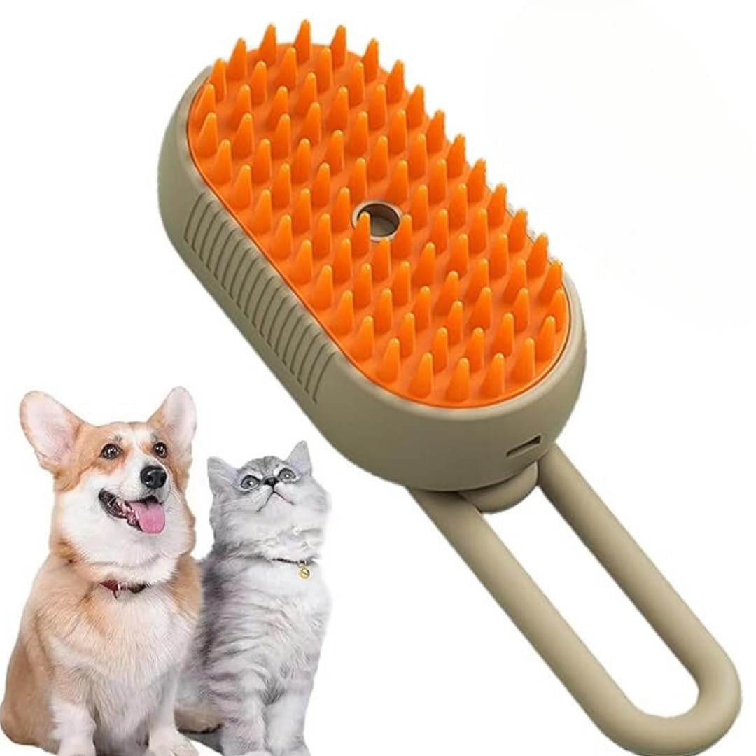 3-in-1 Cat Grooming Brush – Water Spray & Self-Cleaning Shedding Brush for Cats & Dogs – Pet Hair Removal & Massage Comb for Long & Short Hair (beige)