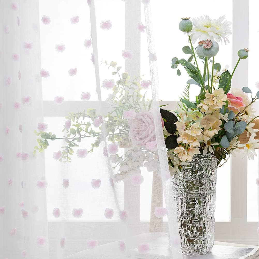 FINECITY White Sheer Curtains 96 Inch Length - Rod Pocket Embroidered Cute Pink Pom Poms Curtain 2 Panels Light Filter Soft Window Voile Drapes for Girls Room, 52 x 96 Inch, 1 Pair, White Pink