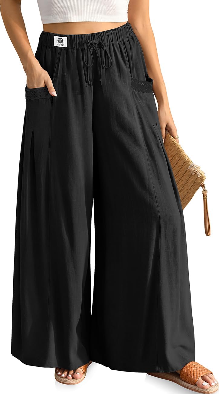 TARSE Women's Linen Wide Leg Pants Flowy Palazzo Trendy Casual Lounge Boho Drawstring Trousers Summer Beach with Pockets