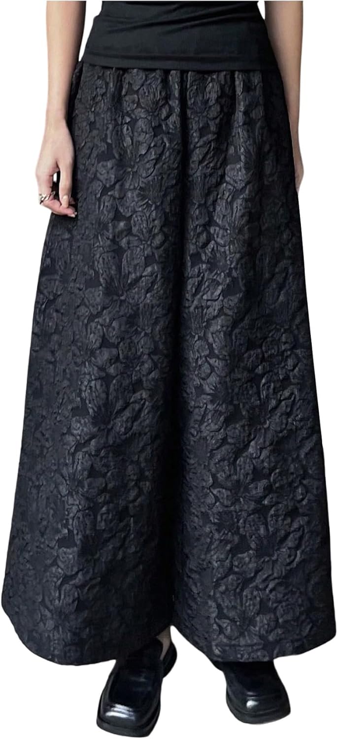MakeMeChic Women's Business Floral Palazzo Pants Elegant Vintage Elastic Waist Wide Leg Textured Trousers