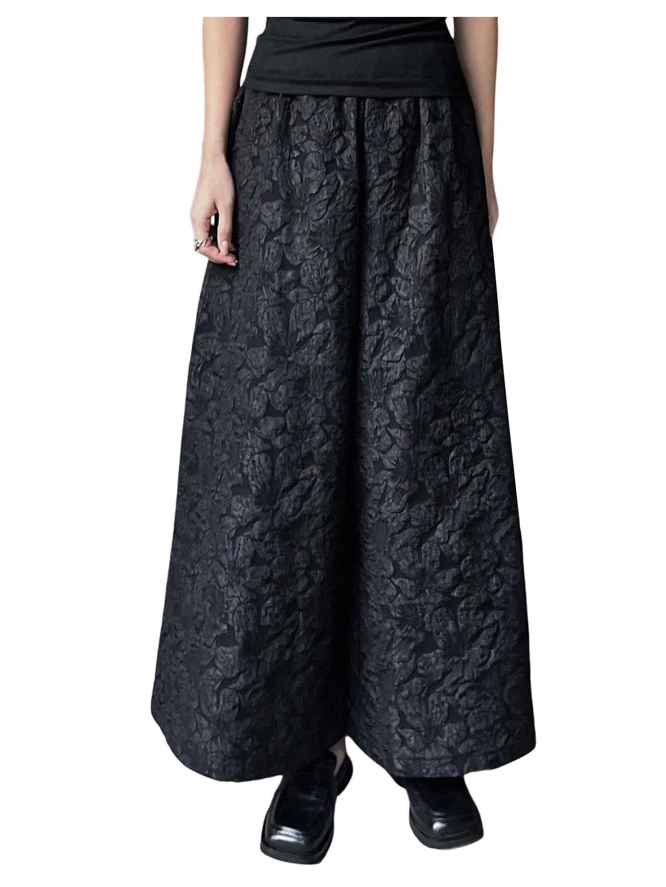 MakeMeChic Womens Business Floral Palazzo Pants Elegant Vintage Elastic Waist Wide Leg Textured Trousers