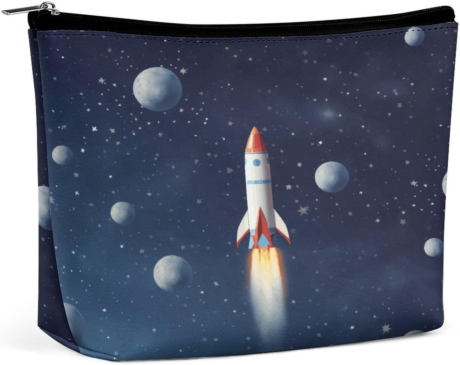 Large Capacity Pu Leather Cosmetic Bags for Women Travel Makeup Bag with Zipper Portable Waterproof Rocket in Space Toiletry Bags Fashion Coin Purse Elegant Cosmetic Pouch