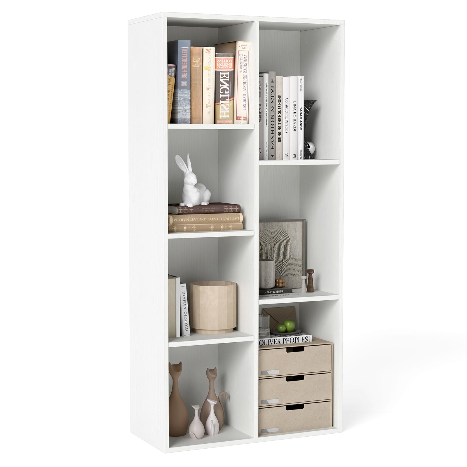 KOMFOTTEU Librería Abierta con 7 Cubos, Estantería para Libros Vertical y Horizontal, Mueble de Almacenamiento de Madera con 2 Kits Antideslizantes, para Salón Oficina, 49,5 x 23 x 106 cm (Blanco)