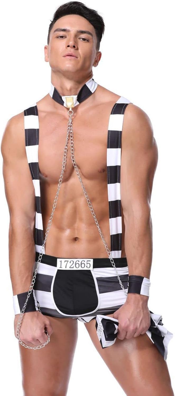 Mens Sexy Lingerie Set Role Play Prison-Inmates Striped Funny Uniform Nightclub Cosplay Costume Outfit