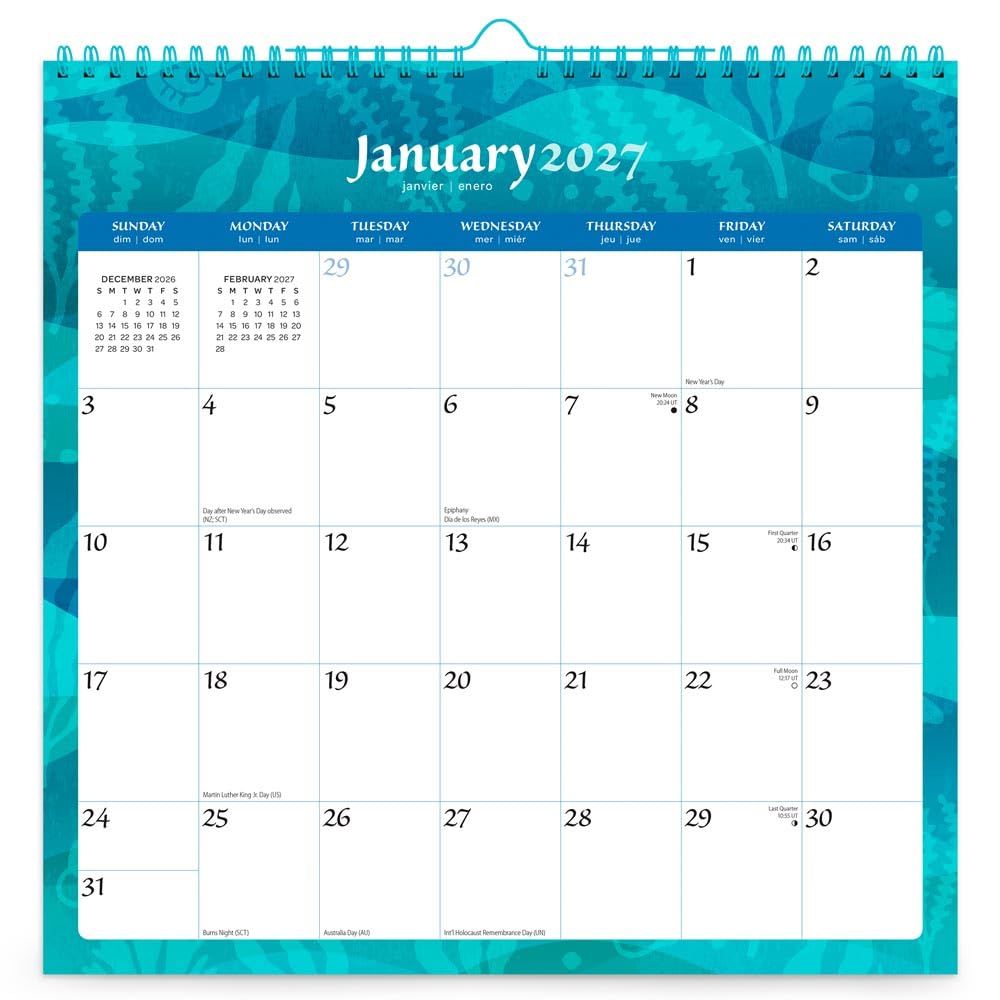 Seaside Currents | 2027 12 x 12 Inch (Hanging) Monthly Square Wire-O Calendar | Sticker Sheet | BrownTrout | Stationery Planning