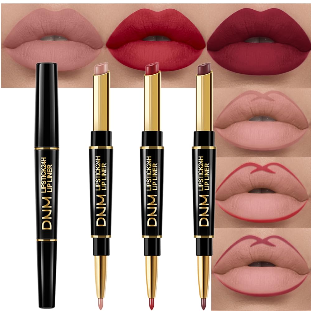 3Pcs Seductive Red, Nude Pink, Oxblood Red Matte Lip Liner & Lipstick Set – Double-Ended 2-in-1 Lip Liner and Matte Lipstick Combo, 24-Hour Wear,