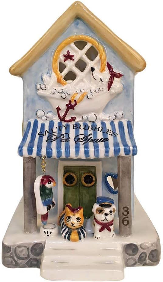 Blue Sky Clayworks Salty Bubbles Pet Spaw Candle House, Ceramic 6" x 5" x 10", Nautical Whimsy with Pets and Bubbles