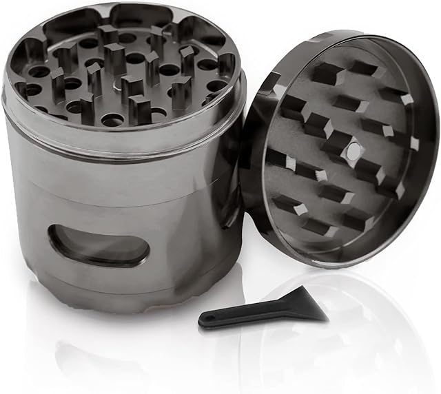 KOOLPUG Herb Grinder Metal 4 Piece 2.2 Inches, 55mm Zinc Alloy Grinder Herb with Magnetic Lid and Pollen Scraper, 4 Part Spice Mill Crusher Perfect for Most Dry Herb - Grey