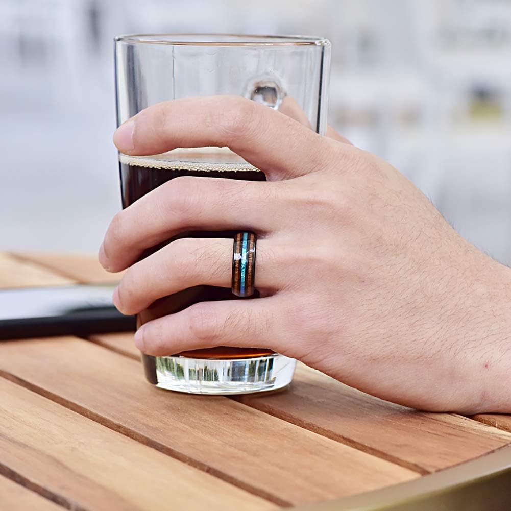 Vakki 6mm/8mm Tungsten Rings for Men Hawaiian Koa Wood Inlay Dome Abalone Shell/Blue Center Wedding Bands Comfort Fit Size 4 to 17 - Image 3