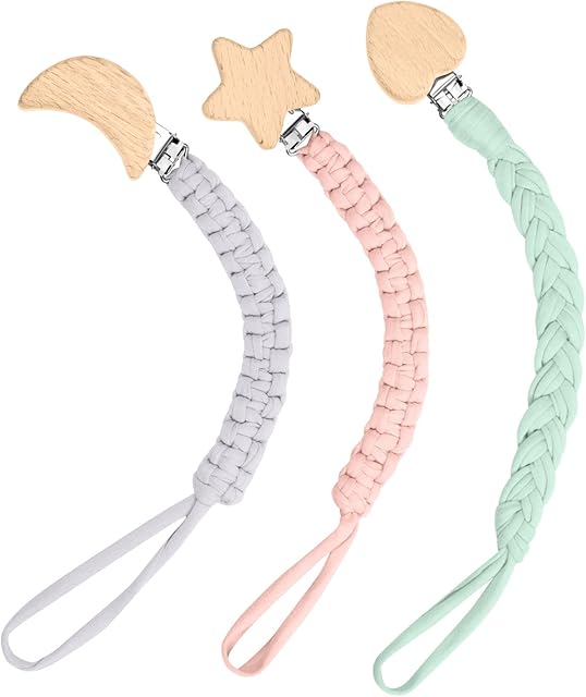 Vicloon Dummy Clips for Baby, 3 Pack Wooden Baby Dummy Clips, Soother Pacifier Chain Holder Clips BPA Free Baby Dummy Chain for Teether Toy or Soothie
