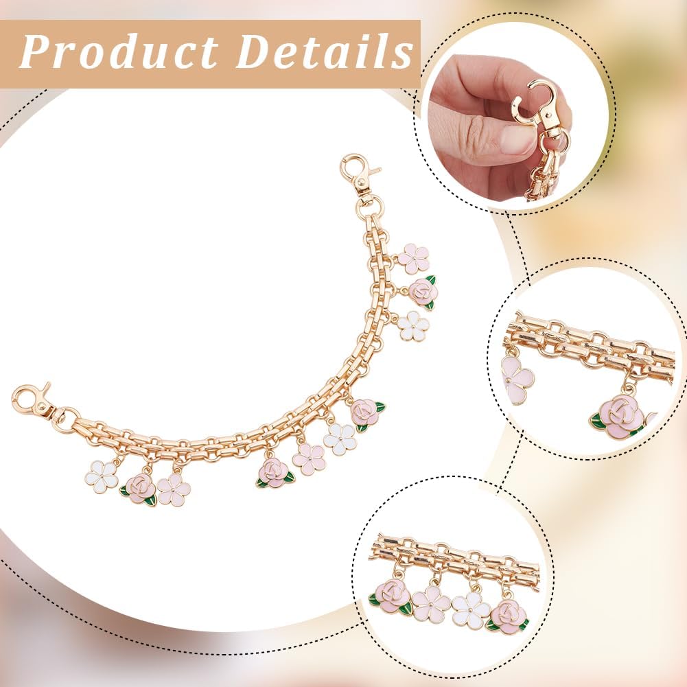 Beebeecraft 2Pcs Flower Purse Chain for Handbags, 9.72in Decorative Bag Chains with Charm Golden Alloy Enamel Purse Chain Strap for Replacement Extender Wallet