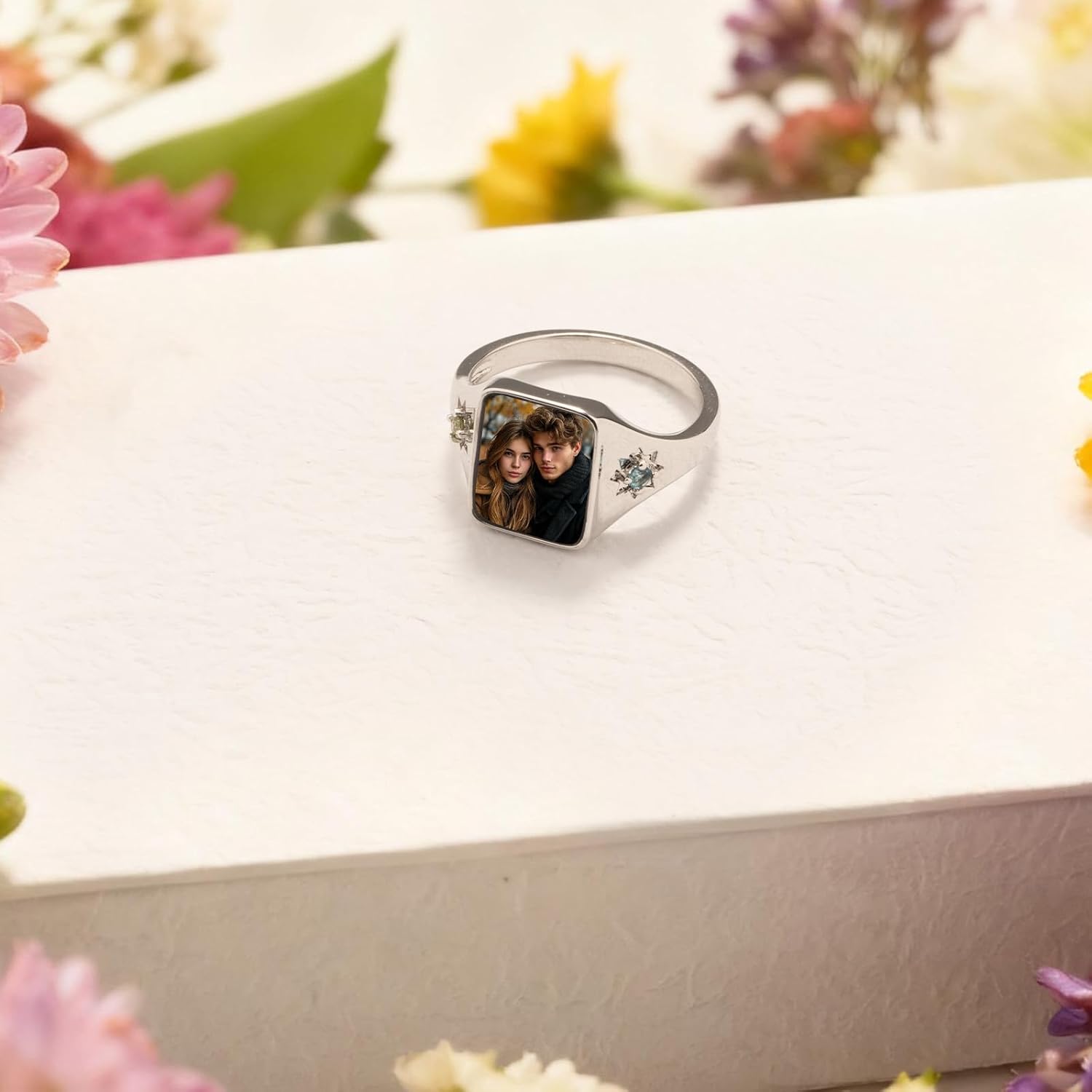 Personalized Photo Ring - Square/Heart Picture Ring Memory Gift for Women family Couple Friends Mother's Day Birthday Christmas Anniversary