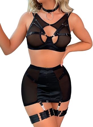 Kaei&Shi Garter Lingerie for Women, Strappy High Waisted Skirt G String 4 Piece Sexy Exotic Lingerie Outfits Set Boudoir