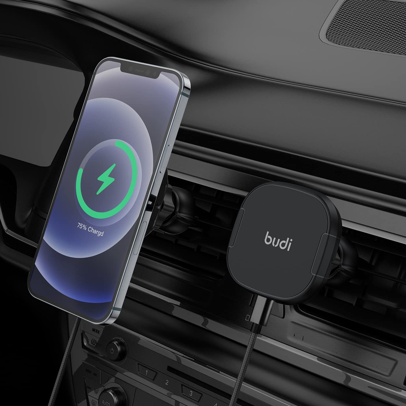 Smartphone mounted on BUDI Magnetic Wireless Car Charger in a car vent