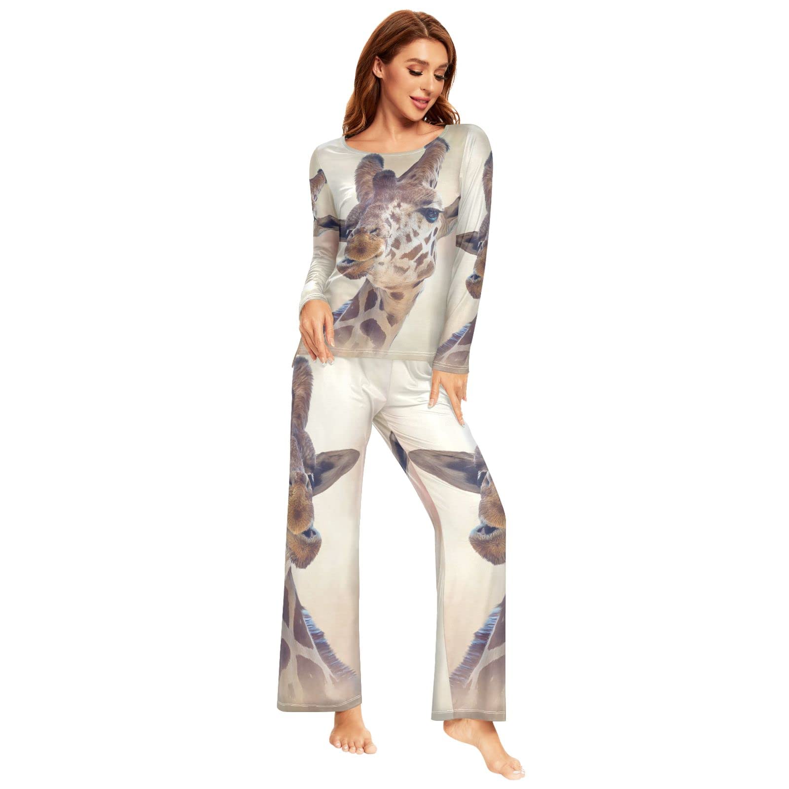 Youjuner Women's Multicolor Pyjamas Sets For Funny Giraffe Face Long Sleeve Sleepwear Loungewear Set Pjs Nightwear Set