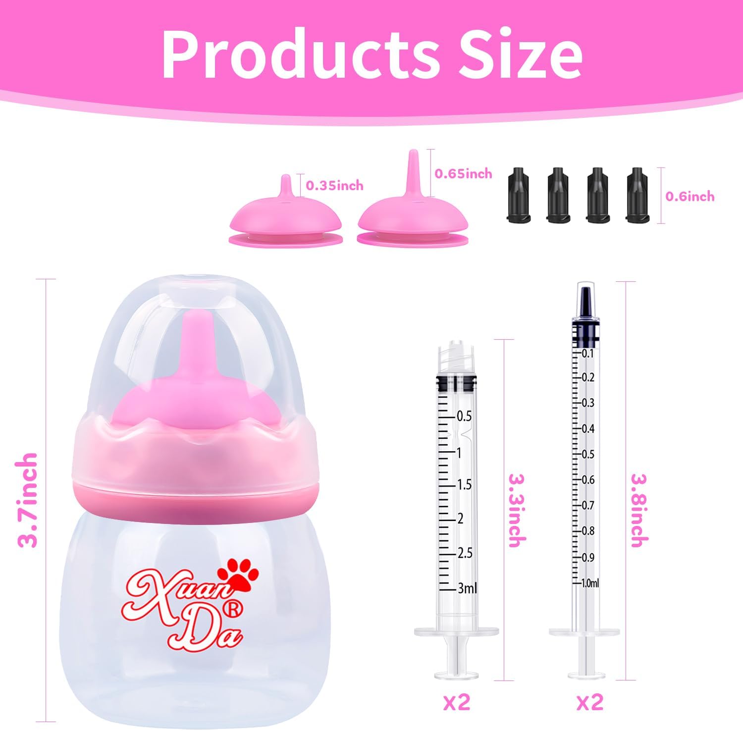 Pet Feeding Bottle and Syringes,60ml Nursing Bottle, 3 Sizes Nipples with Ventilation Valve Resistant Tearing Perfect for Puppies, Kittens, Small Wildlife (Pink) image 2 of 8 B0DYV6CPPW