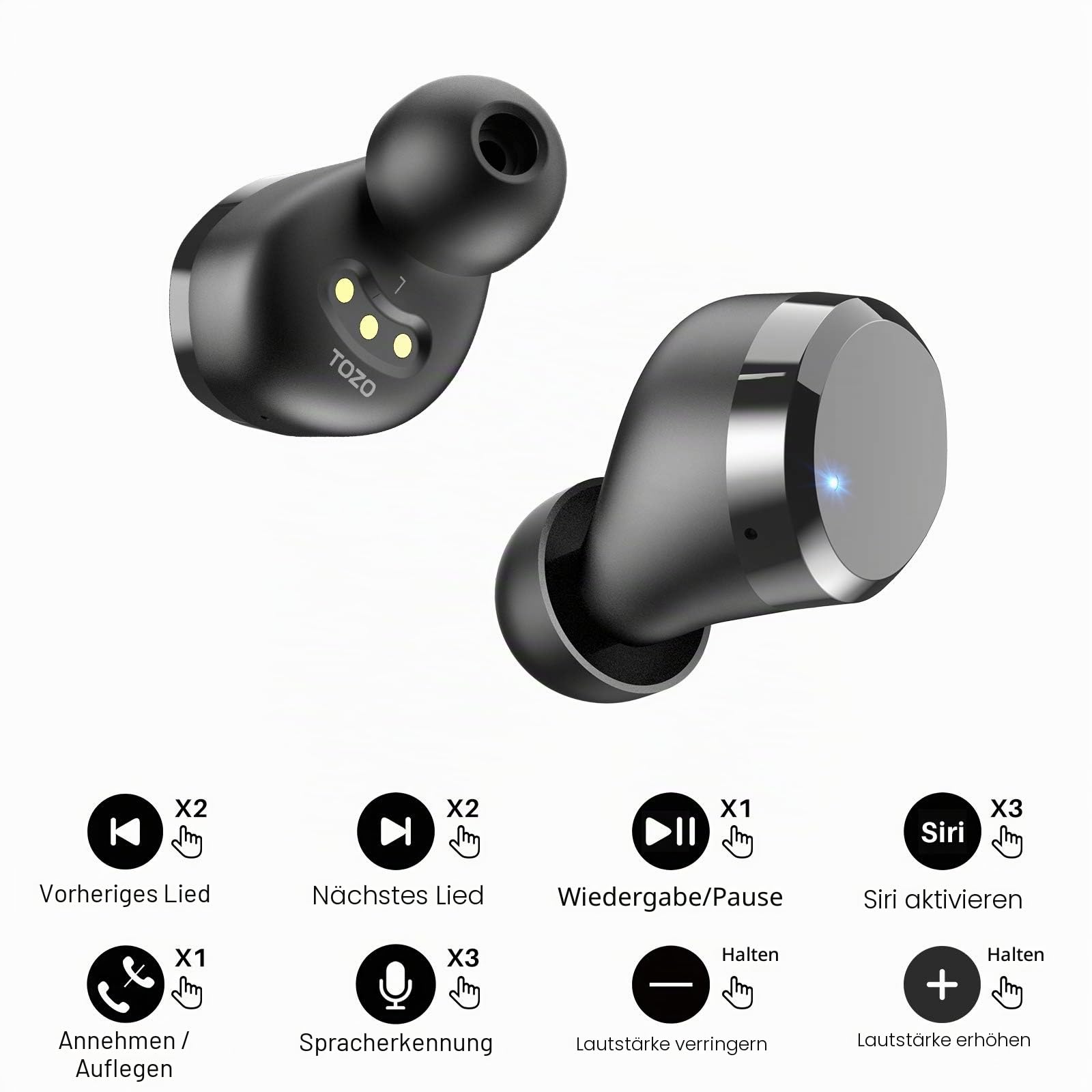 TOZO T12 Kabellose Ohrhörer Bluetooth Kopfhörer mit Premium-Klangqualität, LED-Digitalanzeige und IPX8 Wasserdichten Kopfhörer Kabellos, Integriertem Mikrofon in Schwarz
