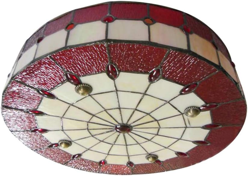 KWOKING Lighting Red Stained Glass Ceiling Light Tiffany Style Flush Mount Ceiling Light Vintage Light Jewels Decor Ceiling Fixture for Bedroom, Living Room 11.8inch