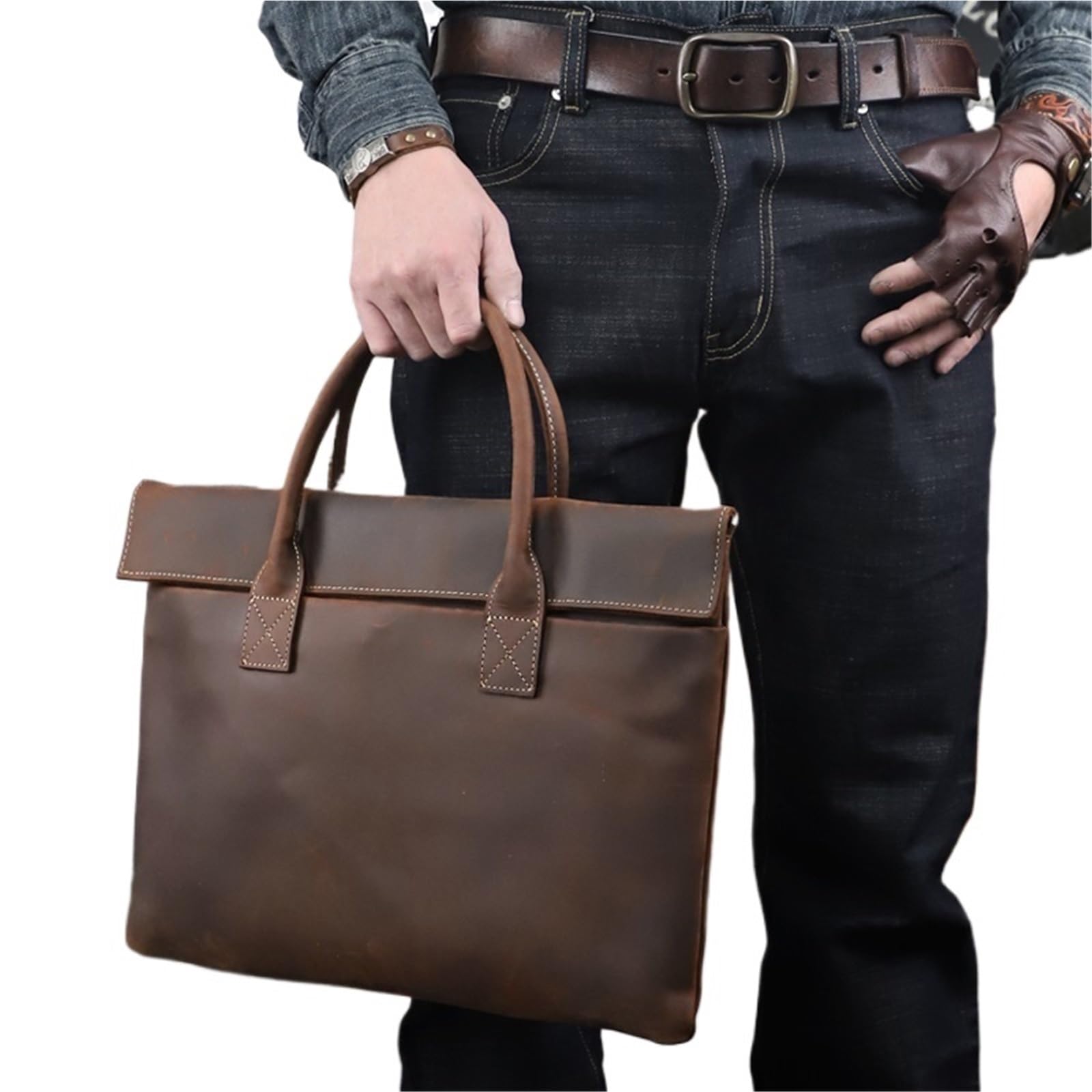 Retro Men's Briefcase Leather Handbag Business Tablet Bag Slim Clutch For 16-Inch Laptop