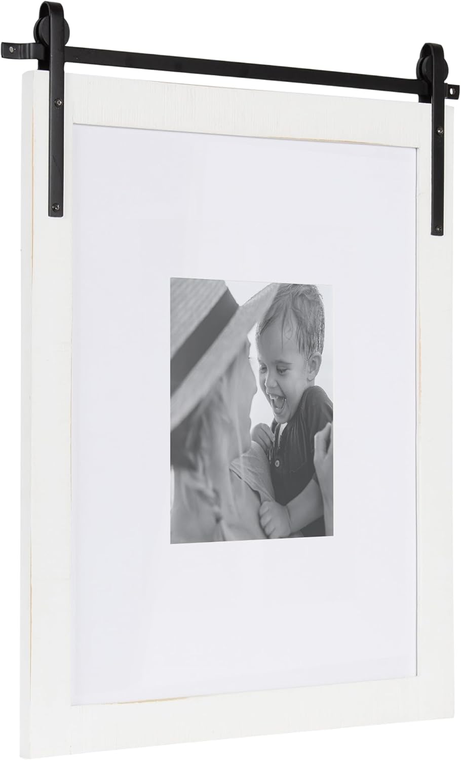 Kate and Laurel Cates Farmhouse Wooden Picture Frame, 21x26 Matted to (1) 8x10, Coastal White, Rectangle Photograph Frame Fitting One 8x10 Image with Barn Door-Inspired Design