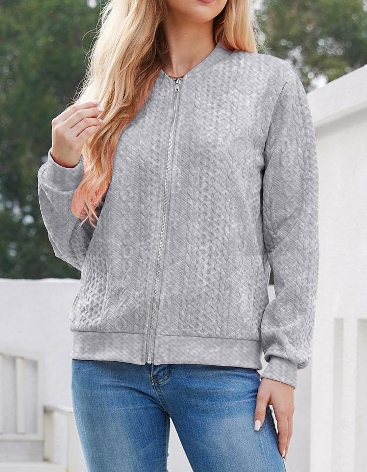 WROLEM Women's Zip Up Cardigan Sweater Cable Hoodies Long Sleeve Jacket Outfits Crewneck Casual Coat - Image 7