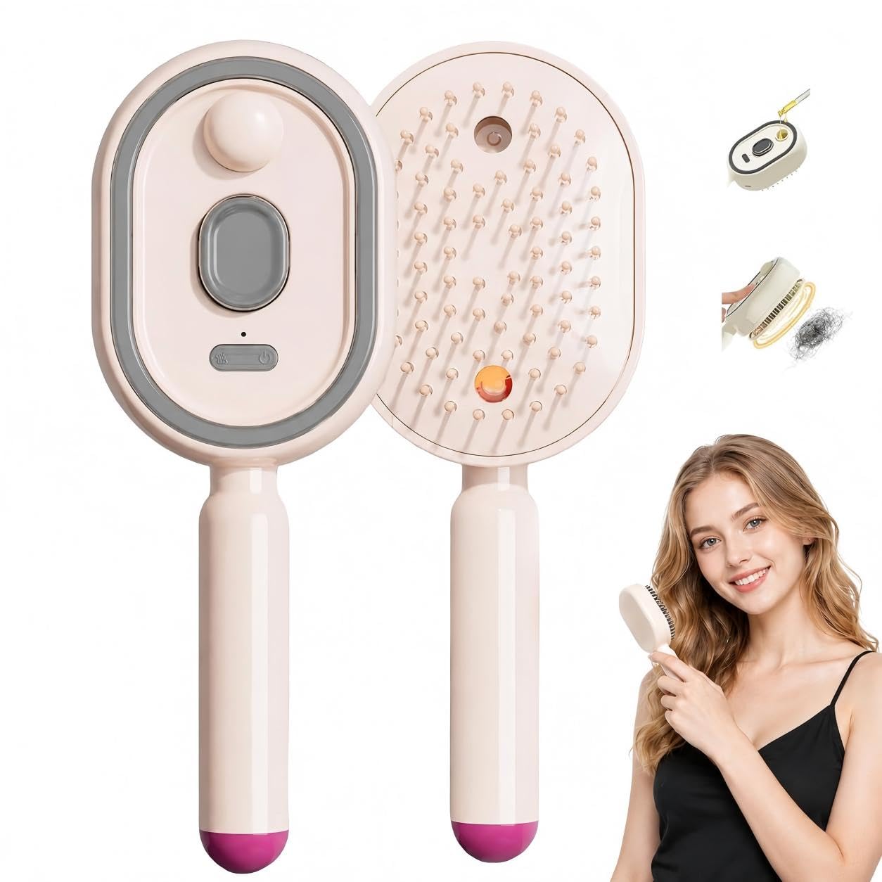 Peigne Electrique,Brosse à Vapeur éLectrique Fer à Lisser à Vapeur Rechargeable Avec Spray Peigne DéMêLant Antistatique Massage à Coussin D'Air Outil de Coiffure Portable Sans Fil，Rose