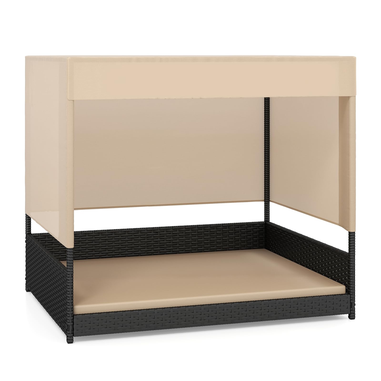 GYMAX Cuccia in vimini per cani di piccola e media taglia, divano letto rialzato in rattan con cuscino rimovibile, tetto a baldacchino e pavimento rialzato, riparo per cuccioli per interni ed esterni