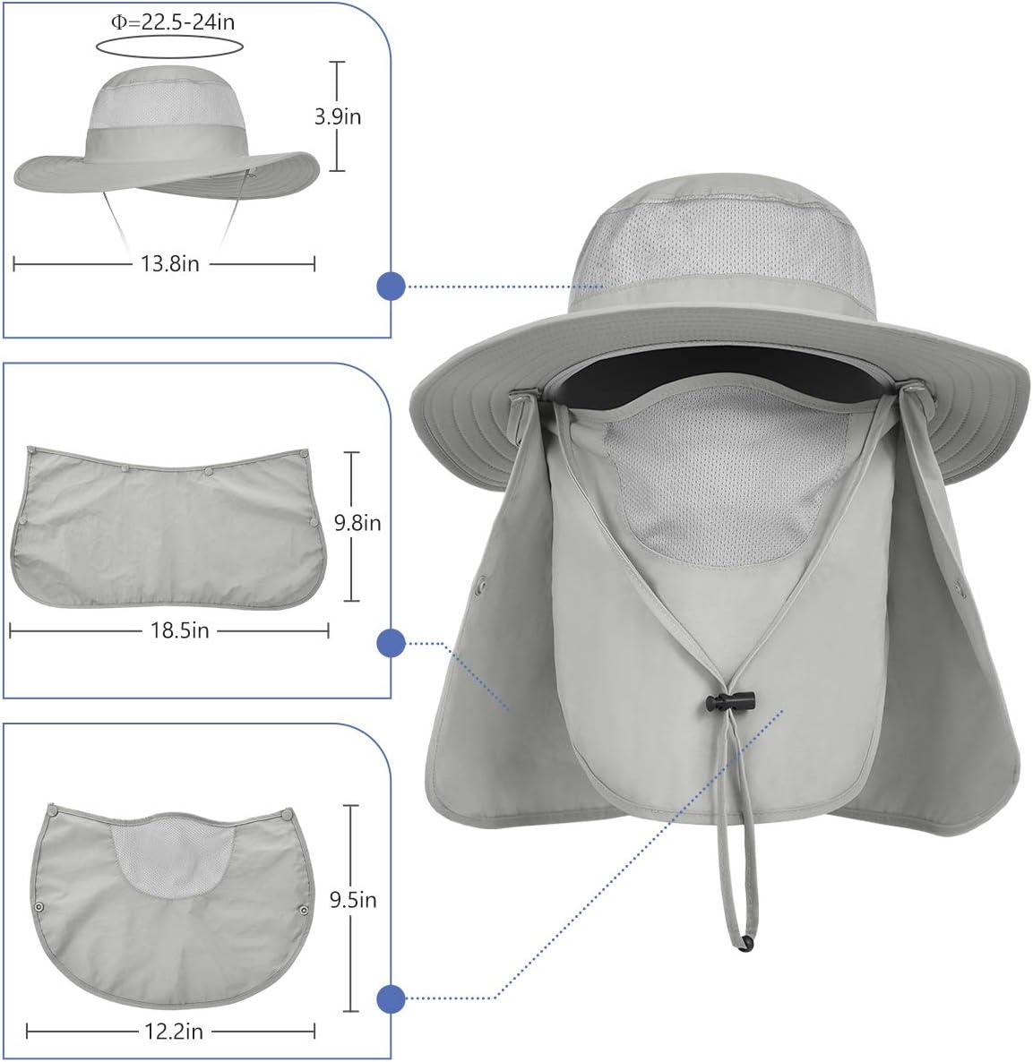 LCZTN UPF 50+ Sun Protection Cap Wide Brim Fishing Hat with Face & Neck Flap Light Gray : Sports & Outdoors