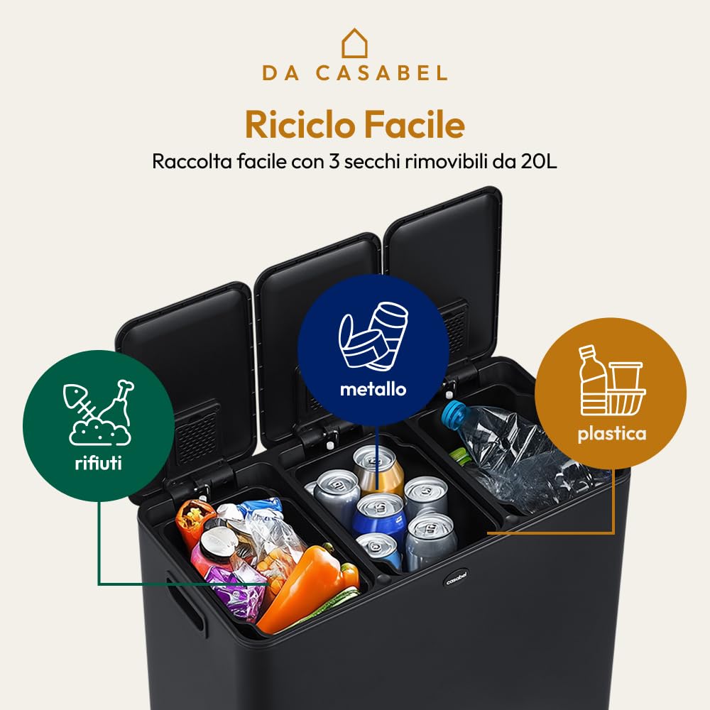 CASABEL Pattumiera Differenziata 3 Scomparti 3x20L, in Acciaio Inox Nero, Secchio Spazzatura - Pattumiera da Cucina per Riciclaggio Rettangolare a Pedale - Bidoni Differenziata da Interno