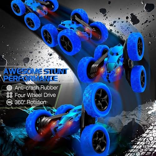 Dolanus Remote Control Car, RC Car Stunt Toys Contains All Batteries: 2.4Ghz Double Sided 360° Rotating 4WD RC Car with Headlights, Kids Christmas Birthday Toy Cars for Boys/Girls (Blue) - Thumbnail 5