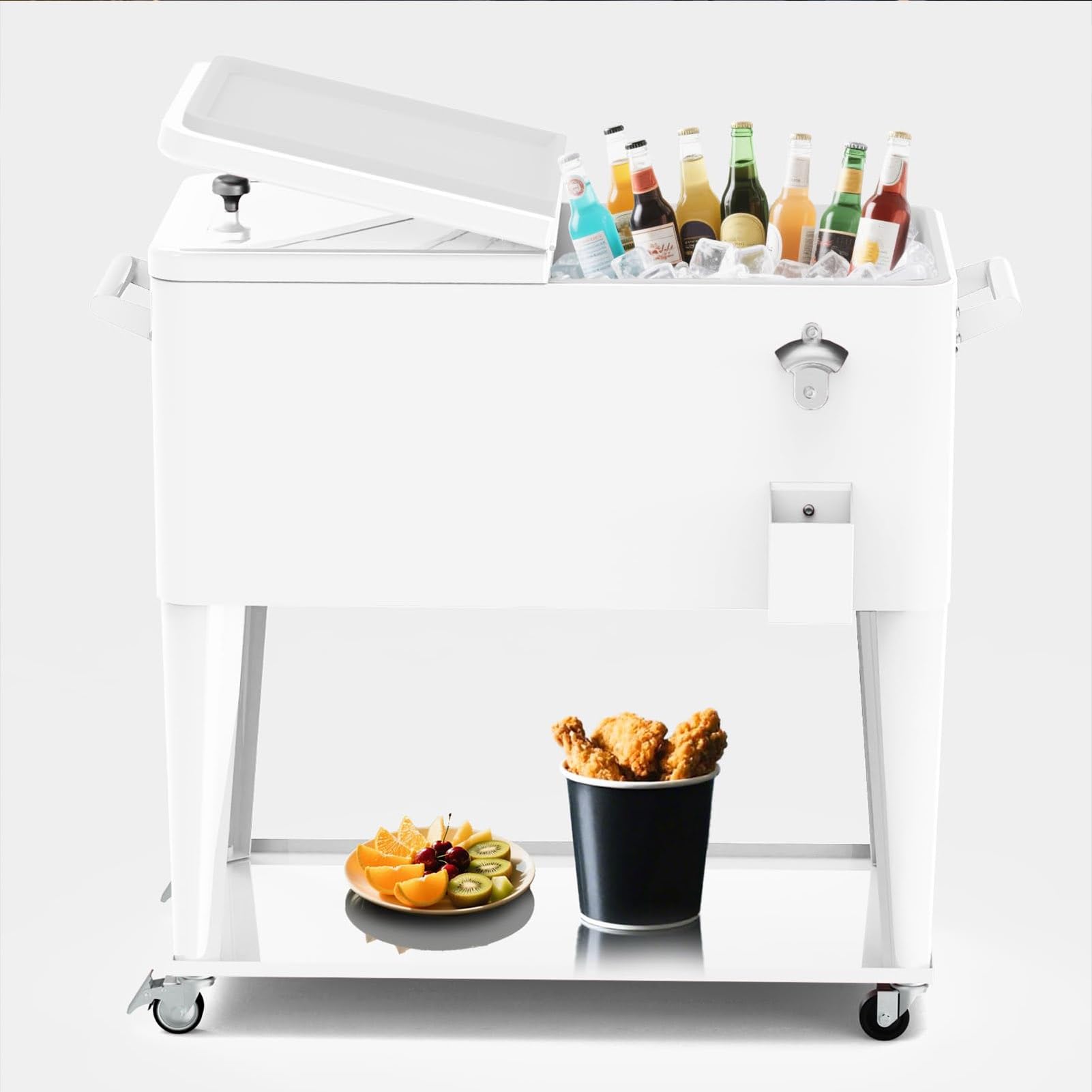 Rollbarer Kühlwagen, tragbarer Getränkekühler, Kühlbehälter mit 80 Quart Fassungsvermögen, Getränke für Terrassen- und Poolpartys, große Kühlbox mit Ablage, Flaschenöffner(White)