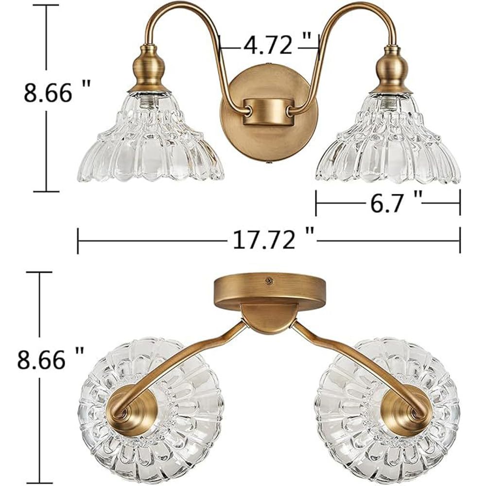Mengjay Wandleuchte Gold Innen,Spiegelleuchte Bad Spiegellampe Vintage G9 Wandlampe 2 Flamming mit Glasschirm, Retro Metall Badezimmer Lampe Wand Modern Wandbeleuchtung (Gold, 2 Flammig)