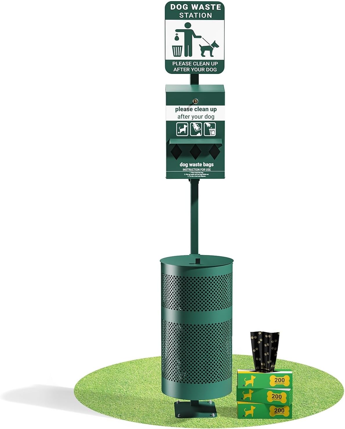 Flash Furniture Kessler Pet Waste Station with Glow in The Dark Sign, Bag Dispenser, Hand Sanitizer Bottle, Trash Can - Includes 600 Roll Bags & 50 Can Liners, Green