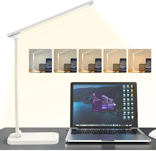 Luminária de Mesa LED com Dupla Alimentação Tomada e USB, 50 LEDs 320Lm, Dimerização Contínua 3000K-6000K, Timer 45min, Toque Sensível, Ideal para Escritório, Estudo e Quarto, Branco