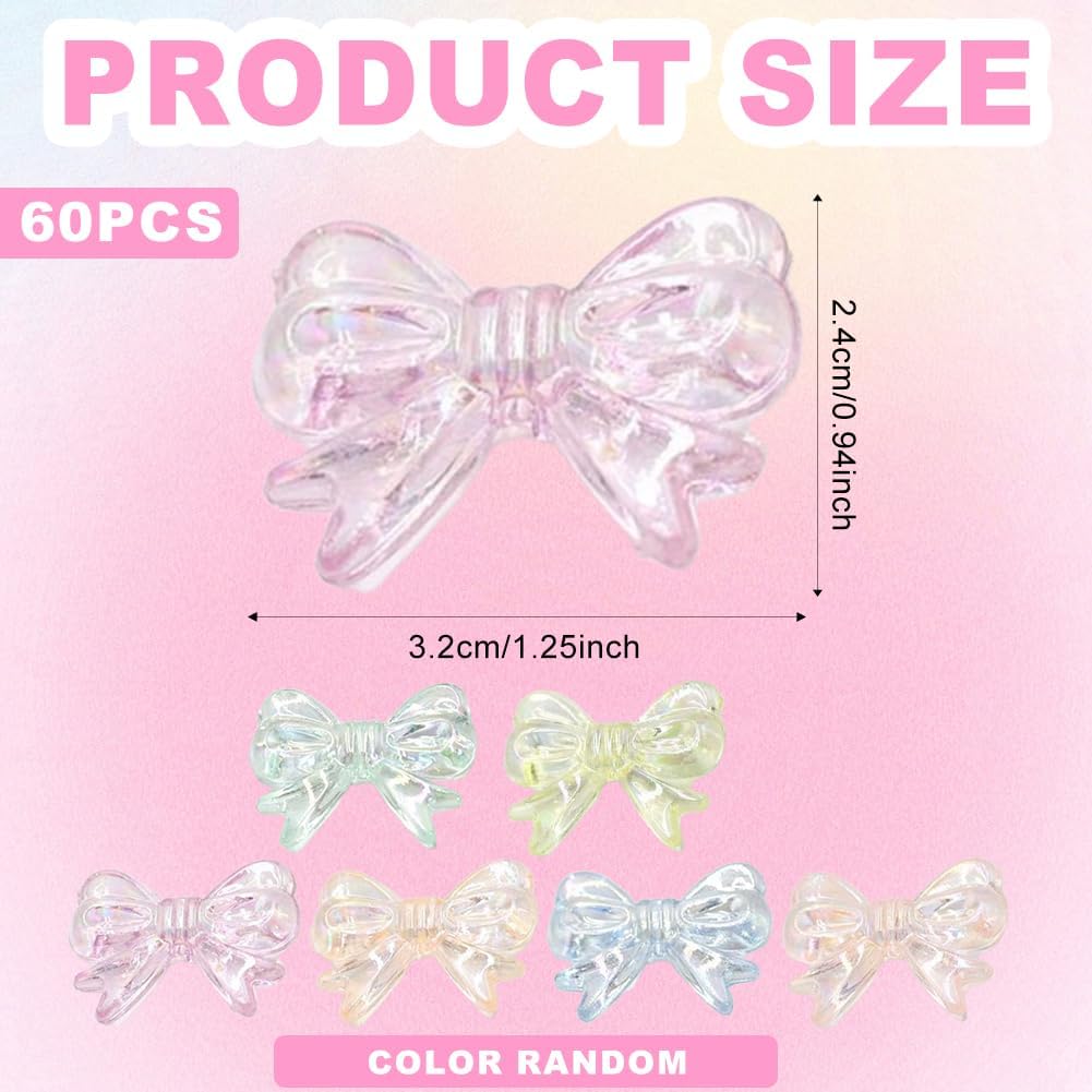 60pcs Colorful Bow Beads 24 x 32 mm 3D Cute Acrylic Beadable Bowknot Aesthetic Charms Bulk Supplies for Pens Keychain Bracelet Necklace Earring Jewelry Making DIY Crafts, Christmas Gift - Image 2