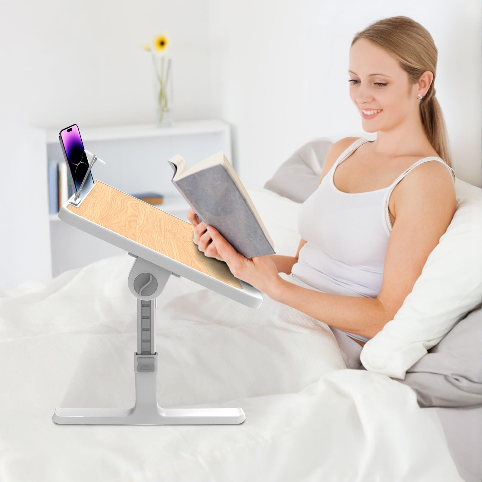 Huracan Plateau de Lits Pliable, Table Lit pour Ordinateur Portable, Réglable en Hauteur et Angle, Inclinable Support pc Portable Lit avec Tiroir/Lampe LED, Table pour Canapé/Sol (60x34cm, Noyer)