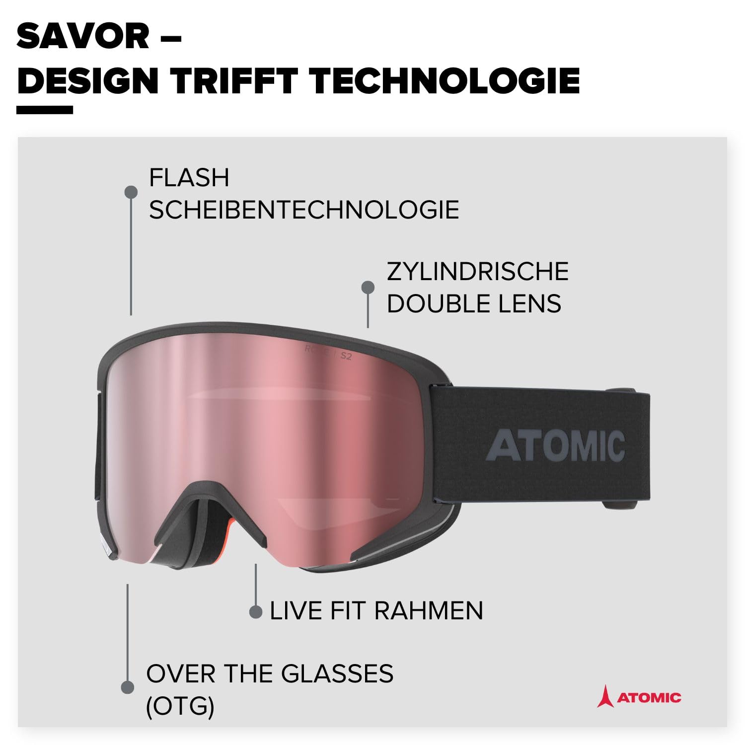 ATOMIC SAVOR Skibrille - Black - Komfortabler Live Fit Rahmen - Klare Sicht durch Flash Scheibentechnologie - Over The Glasses-kompatibel für Brillenträger