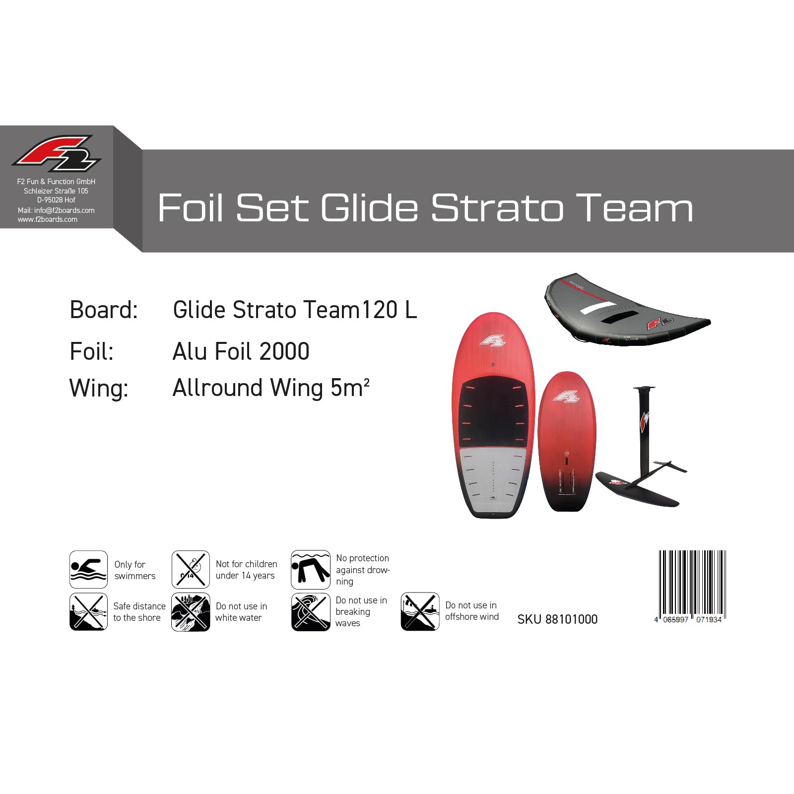 F2 Set Foilboard Glide Strato Team Rot 120L + Alu Foil 2000 + Wing 5qm