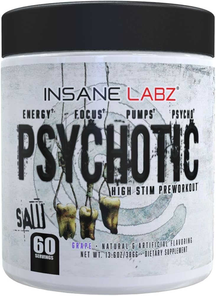 Insane Labz Psychotic Saw, High Stim Pre Workout Powder with OxyGold­™ and AMPiberry®,Extreme Lasting Energy with Teacrine®,Focus with CognitIQ® and Endurance (60 Servings, Grape)