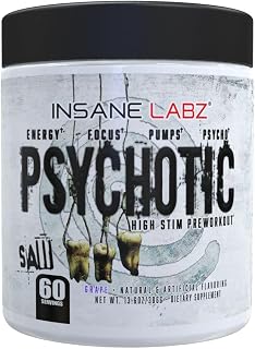 Insane Labz Psychotic Saw, High Stim Pre Workout Powder with OxyGold­™ and AMPiberry®,Extreme Lasting Energy with Teacrine®,Focus with CognitIQ® and Endurance (60 Servings, Grape)